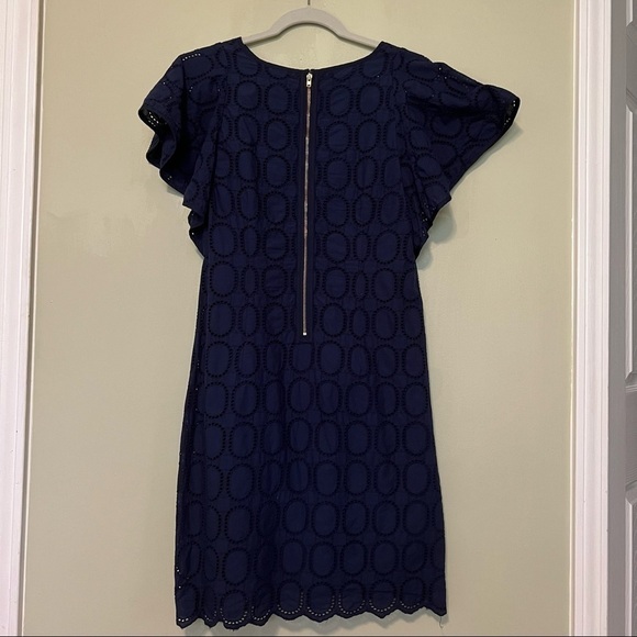 J. Crew Factory Scalloped Eyelet Navy Blue Shift Dress With Flutter Sleeve Sz 2 - Picture 4 of 15